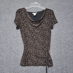 Dress Barn Women's Top Cap Sleeve Gold Floral Scoop Neckline Sz. Large, Belted